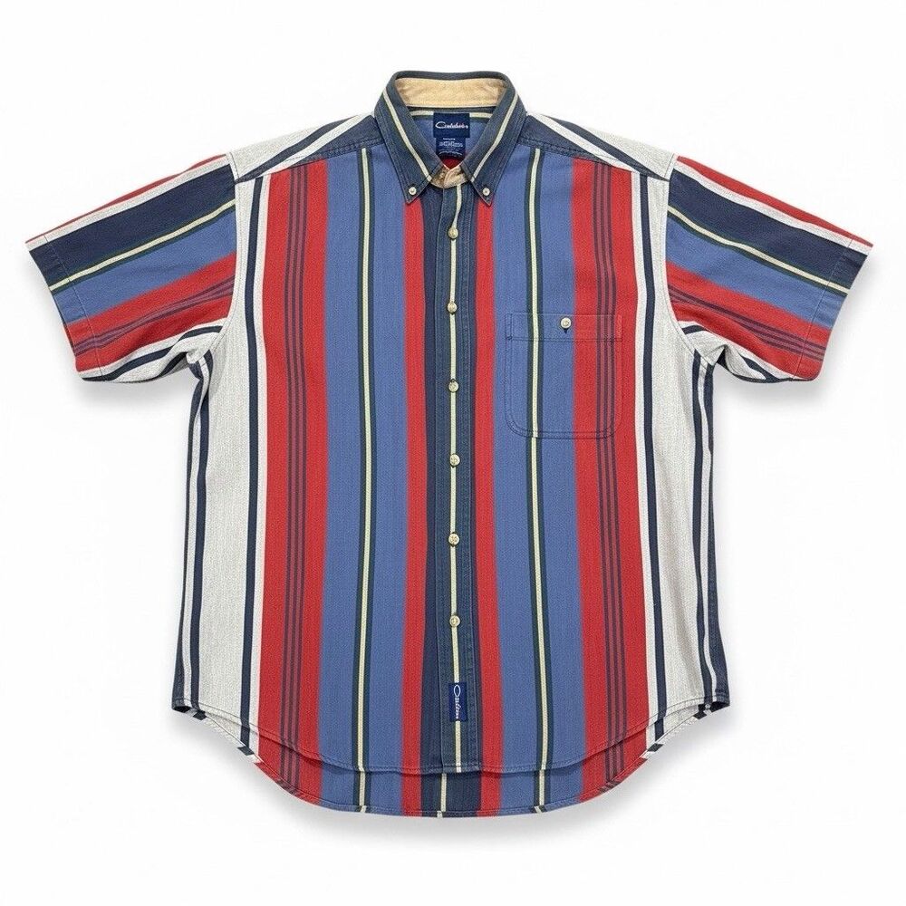 Vintage 90s Catalina Men’s Large Striped Button Down Shirt Herringbone Cotton SS